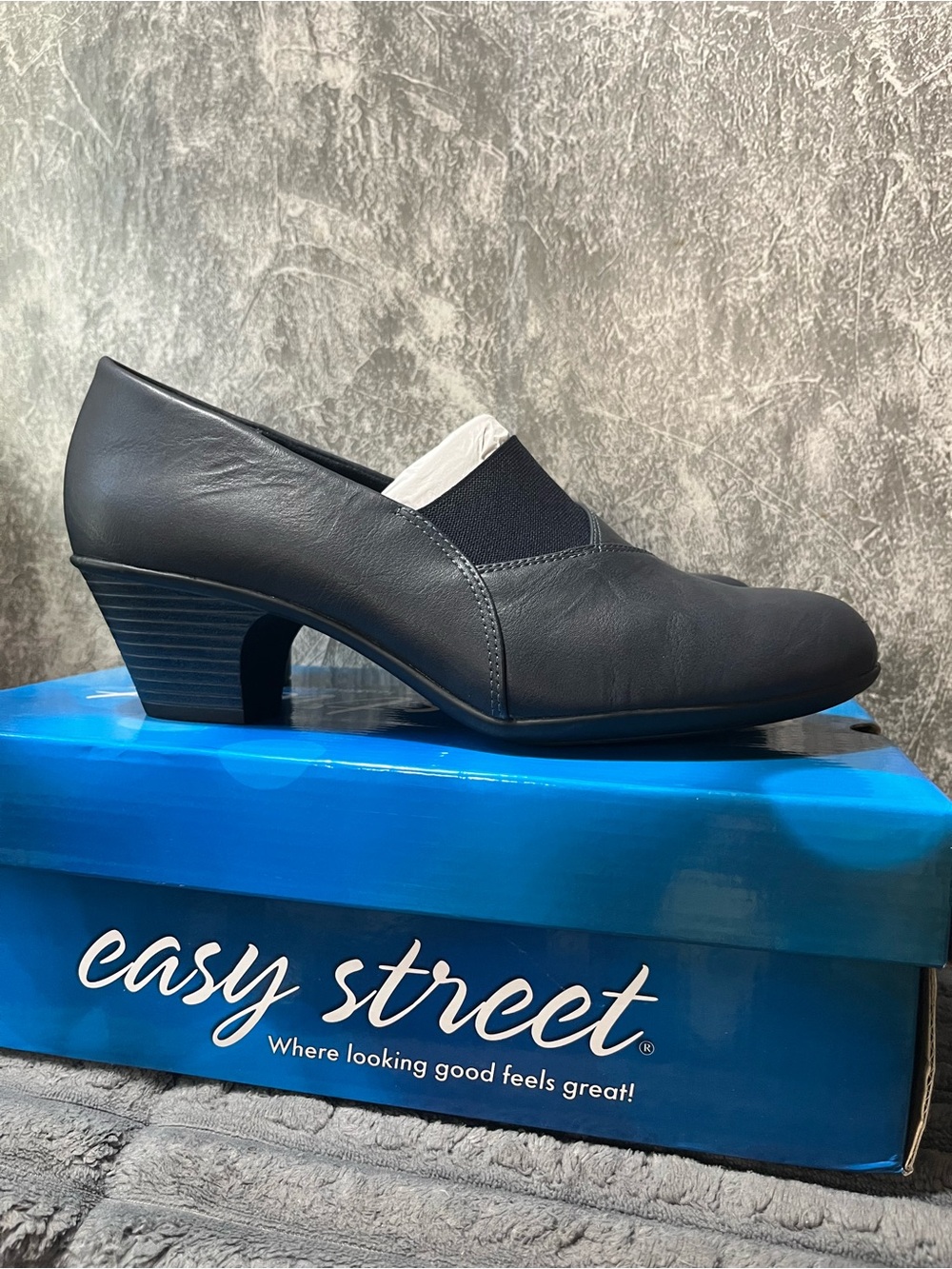 easy street NAVY Low Block Heel Slip-On Pump
